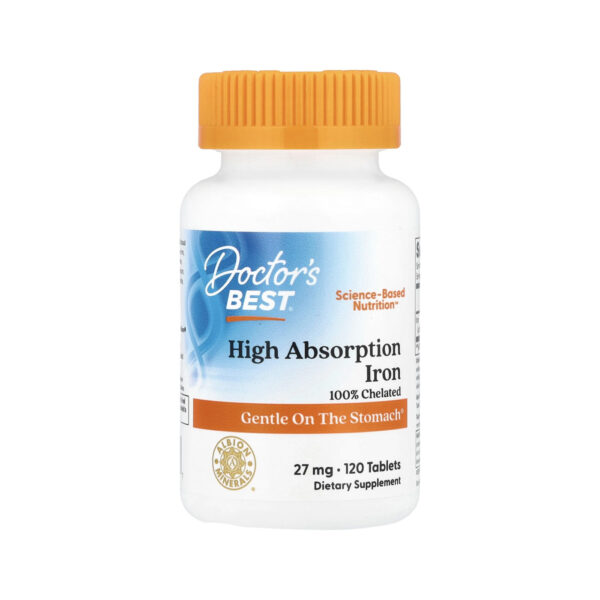 Хелатное железо Doctor's Best, High Absorption Iron 27mg, железо с феррохелом, 120st